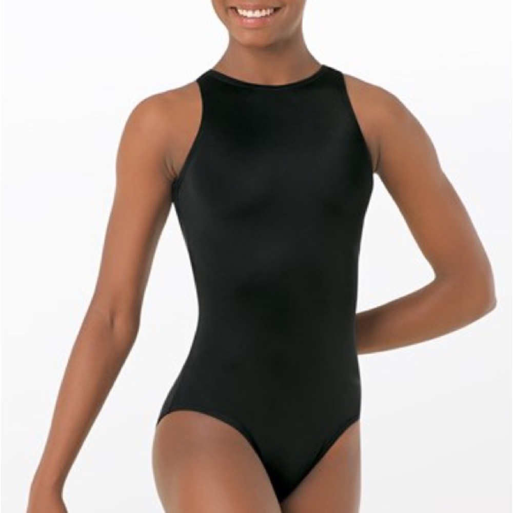 High neck cross strap back leotard in black. Adult sizes.